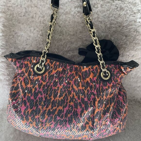 Betsey Johnson Fabric sequins leopard print orange,hot pink & black shoulder bag - Picture 5 of 12